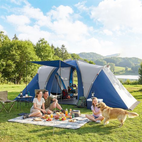 Tente de camping double couche tunnel familiale 4-5 personnes 2 chambres et séjour personnes bleu pour 12 aménagement intérieur