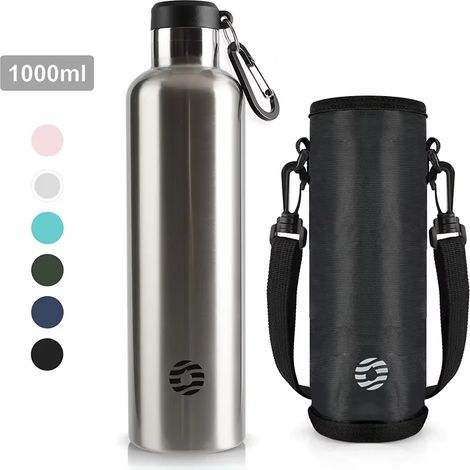 (Argent, 1000 ml) Gourde isotherme en acier inoxydable, bouteille d'eau de sport, isolée sous vide, étanche, sans BPA. (1/5)