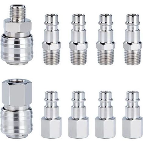10 PCS Raccords de compresseur 1/4"BSP Raccord Rapide Pneumatique Europen Coupleur pneumatique d\'air kit compresseur accessoire d\'air tuyau air comprim du connecteur Homme Femme (1/5)
