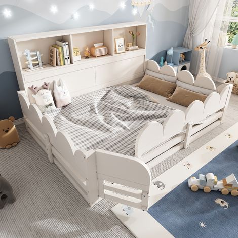 MEUBLIV Lit au sol enfant 140 x 190 cm blanc en bois avec barrière de sécurité, porte, étagère et sommier à lattes (1/5)