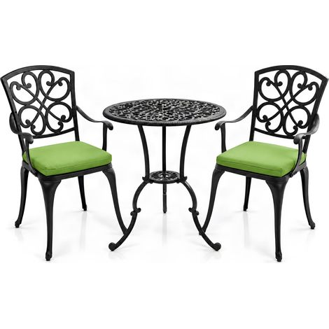 Centurion VIVALDI Black 3-Piece Cast Aluminium Garden Bistro Set - Rust-Proof Round Table with Parasol Hole & 2 Generously Sized Armchairs - with Green Cushions (1/5)