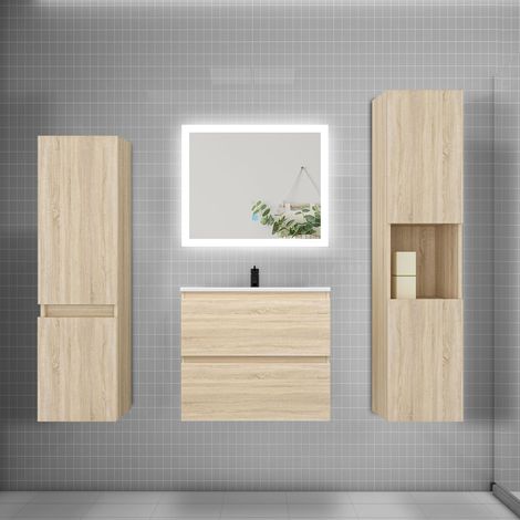 Ensemble meuble de salle de bains 60cm, vasque et colonne et LED miroir rectangulaire,chêne (1/5)
