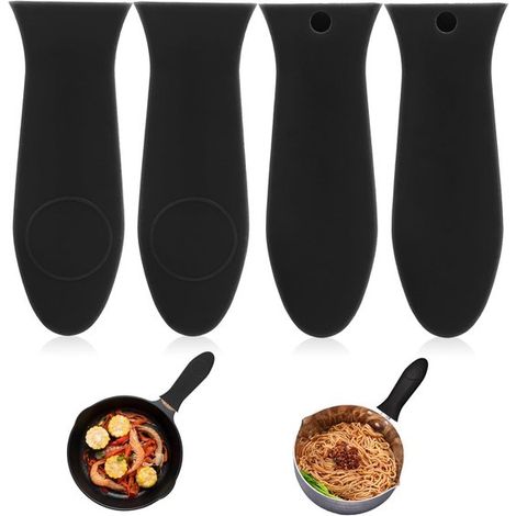 Confezione da 4 manici antiscivolo in silicone, neri, per pentole e padelle in ferro e alluminio. (1/5)