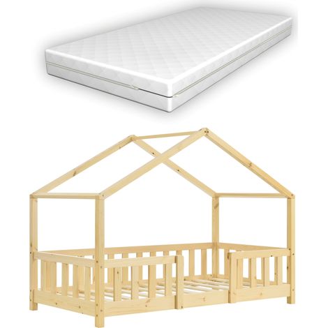 Cama infantil tipo cabaña con colchón barandilla y somier de láminas de madera de pino natural 70 x 140 cm 030005458 (1/5)