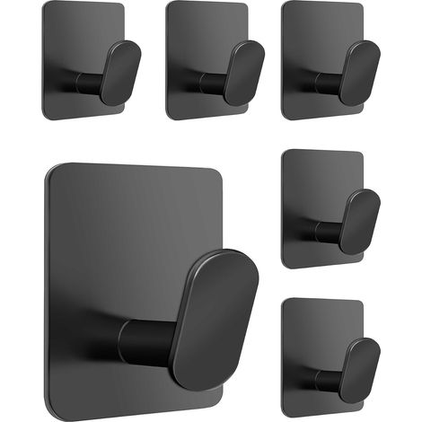 Crochets muraux adhésifs en acier inoxydable noir, porte-serviettes et porte-manteaux, sans perçage, lot de 6 (1/5)