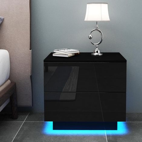 Dripex Table de chevet avec éclairage LED, Table d'appoint à 2 tiroirs, Table de canapé, Meuble de chevet pour chambre et salon, 55 x 37 x 50 cm, Noir brillant (1/5)