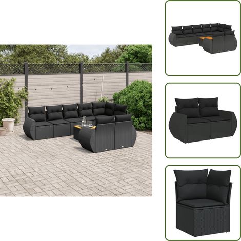 9-tlg. Garten-Sofagarnitur mit Kissen Schwarz Poly Rattan - Gartensorte - Gartenmöbelset - PE-Rattan Möbel - Outdoor Lounge Set - Esstischgarnitur (1/5)