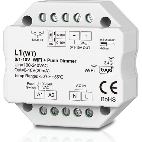 Variateur AC100-240V 1 canal  20mA WiFi+RF+Push Gradation 0/1-10V L1(WT)