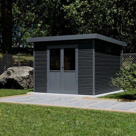 Abri de jardin bois composite 28mm – 9m² – Dimensions extérieures 333x326cm – Toit simple pente – Finition moderne gris