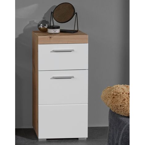 Badschrank ALTENA-19 in Weiß Hochglanz mit Absetzung in Asteiche Nb., B/H/T: ca. 37/79/31 cm (1/5)