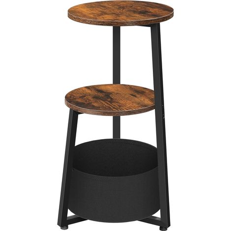 Table d’Appoint Ronde, Table de Chevet à 3 Niveaux avec Étagère de Rangement et Poche en Tissu, Table Basse Compacte de Canapé, pour Petits Espaces, Salon, Chambre, Marron Rustique (1/5)