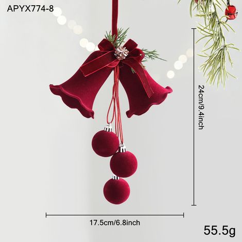 Décoration de Noël en velours bordeaux - Ornements cloches doubles avec ruban et pommes de pin (1/2)