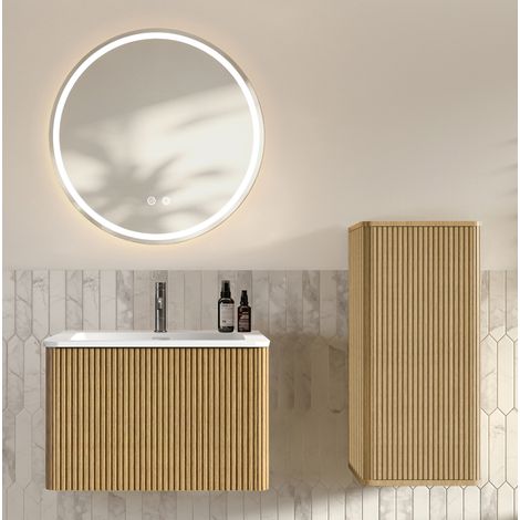 Mueble lavabo cuarto de baño 60 cm MDF y vidrio roble, espejo LED, ganancia de espacio – MEUBLIV (1/5)
