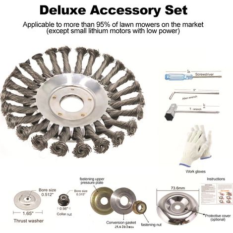 Tête de débroussailleuse brosse métallique, roue désherbante en acier rotative pour tondeuse, jardinage, mousse, gazon, rouille, 20 cm avec kit d'accessoires (1/5)