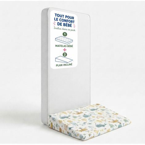 Pack matelas bébé 60x120 cm – Plan incliné amovible en coton – Confort souple – Certifié sans traitement chimique – Les Noursons (1/5)