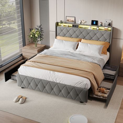 lit double 160x200cm, lit 160x200 avec sommier, Lit Capitonné avec tiroirs, avec port USB et LED, cadre de lit, velours, Gris (1/5)