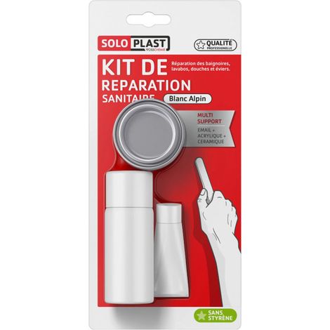 Kit de réparation sanitaire – Réparation baignoires, lavabos, douches, éviers – Support céramique, émail, acrylique – Blanc alpin RAL 9003 – Soloplast (1/2)