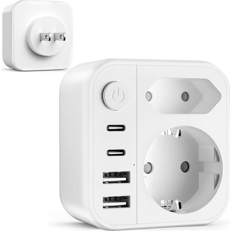 Adaptateur Prise Japon, 6 en 1 Adaptateur Japon avec 2 USB C et 2 USB A, Connecteur Schuko vers Type A pour Les USA, Canada, Thaïlande, Mexique, etc (1/5)