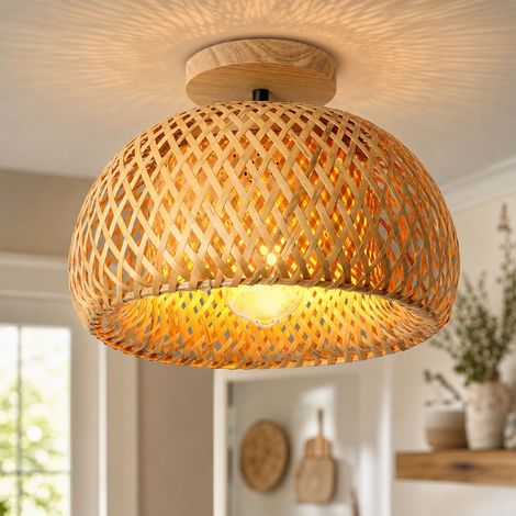 Plafonnier en bambou tressé style ferme, abat-jour naturel 30cm avec disque en bois massif, culot E27/E26 pour couloir et entrée (1/5)