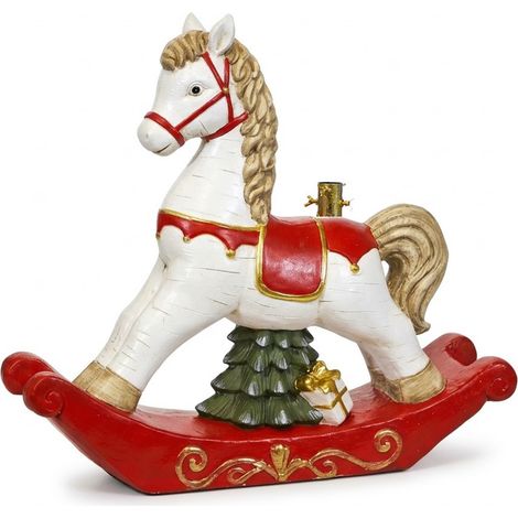 Base Albero di Natale Cavallo a Dondolo 72x19x63cm Bianco Rosso Supporto PIEDE Decorativo in Poliresina con Tubolare e Viti di Pressione per Alberi Verdi e Innevati fino a 210cm SCENOGRAFICO NATALIZIO (1/5)