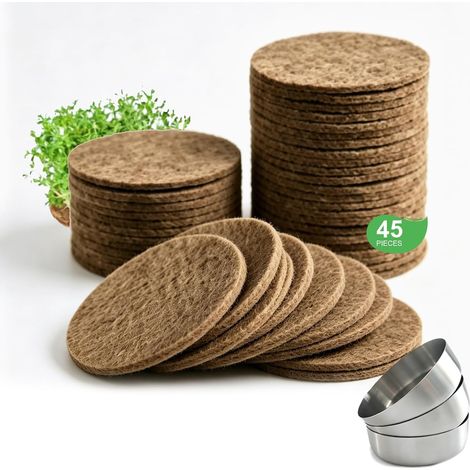Set of 45 Jute Fibre Grow Mats with 350 g/m², 95 x 95 x 5 mm, Micro-Sprouts Jute Growing Mat with 3 Stainless Steel Culture Bins, Biodegradable for Watercress (1/5)