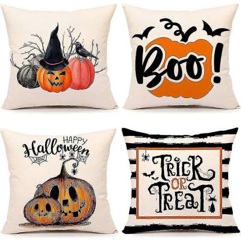 Fundas de almohada de calabaza de Halloween para otoño, 45 x 45 cm, juego de 4, decoración rústica para el hogar, fundas de cojín para sofá y sillón. (1/5)