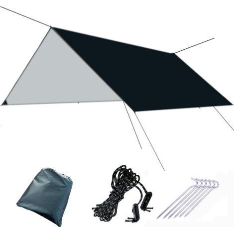 Auvent noir de 300&300 cm avec haubans noirs et blancs et piquets de sol en aluminium Auvent d'extérieur imperméable en tissu à carreaux noirs, résistant à la pluie, adapté au camping en plein air, te (1/5)