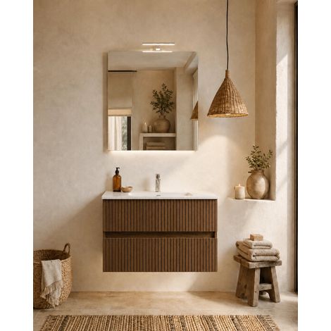 Mobile bagno 60x46 Panama cannettato rovere scuro con lavabo e specchio (1/5)