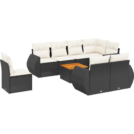 Salon de jardin 9 pcs avec coussins noir résine tressée (1/3)