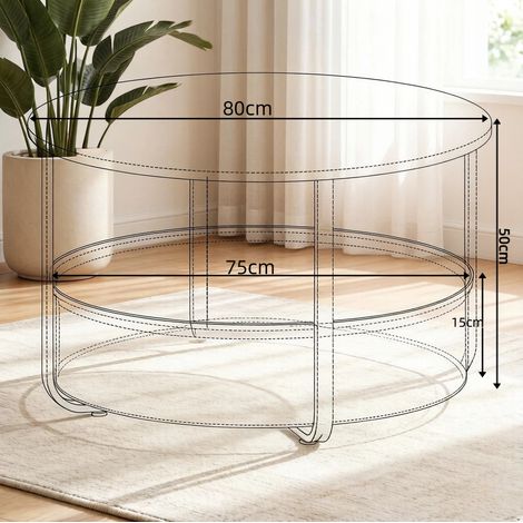 Table basse ronde avec panier en toile Ø80 cm, structure métal, plateau mélaminé (1/5)