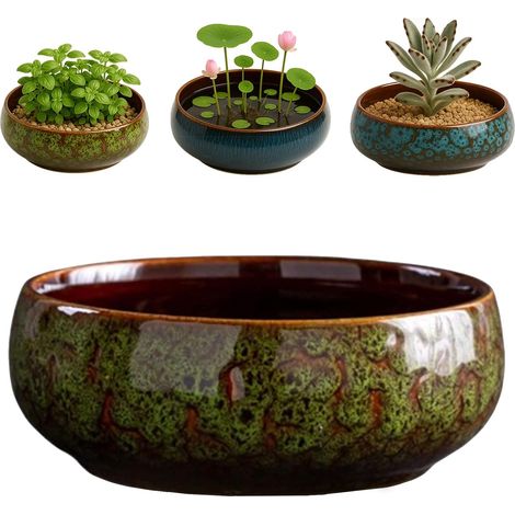 Lotus Pot de fleurs – Pot de fleurs d'intérieur en céramique émaillée pour bonsaï, plantes grasses Bol de fleurs orientales décoratif hydroponique peu profond (vert) (1/5)