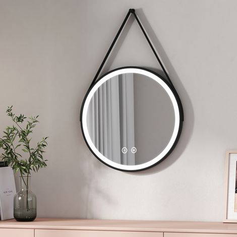 EMKE Miroir lumineux salle de bain rond diamètre 50cm cadre noir avec lanière réglable, Miroir LED rond avec Interrupteur Tactile, Miroir avec éclairage Lumière Froide/Chaude/Neutre