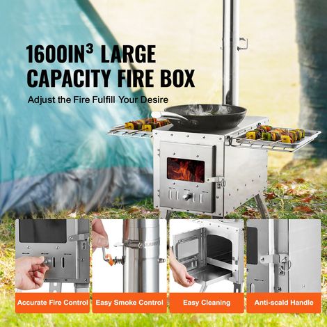 Poêle à bois campement tente, 218,44 cm, acier inoxydable, poêle portable combustion bois avec tuyaux cheminée et gants, foyer 49161,3 cm³, chauffage cuisson extérieur, 8 tuyaux (1/5)