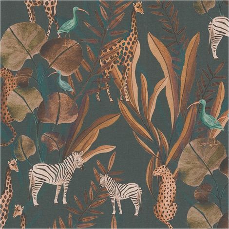 Animal pattern wallpaper wall Profhome 782182 hot embossed non-woven wallpaper smooth with exotic design matt anthracite black grey orange brown turquoise blue 5,33 m2 (1/5)