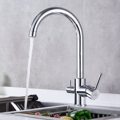Auralum Robinet Cuisine 3 voies Chromé Pivotant à 360°, Mitigeur d'Evier Filtre à Eau en Laiton, Robinet de Cuisine avec Sortie Eau Filtrée pour Eau Potable (1/5)