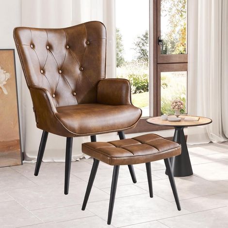 Ohrensessel mit Hocker aus PU-Kunstleder, braun, für Wohnzimmer (1/5)