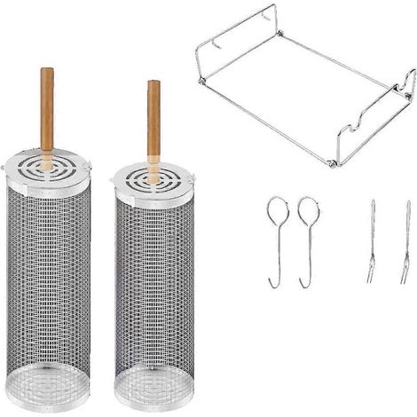 Ensemble de paniers à barbecue cylindriques en acier inoxydable avec poignée en bois et grille à roulettes, idéal pour le camping et les grillades en extérieur. (1/5)