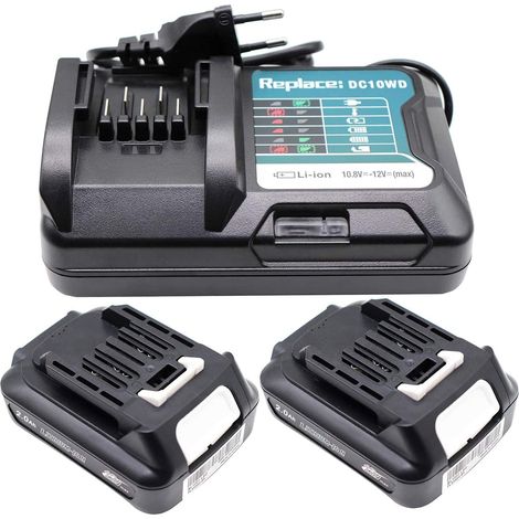2X BL1021B 2.0Ah Batterie avec 10.8V 12V Chargeur DC10WD DC10SB, pour Makita 12V Akku BL1020B BL1015 BL1016 BL1041B BL1040B 197396-9, HP333DSAP1 MP100DZ DF031D DF0331D TD110D JR103D CP100DZ DF333DSAE (1/5)