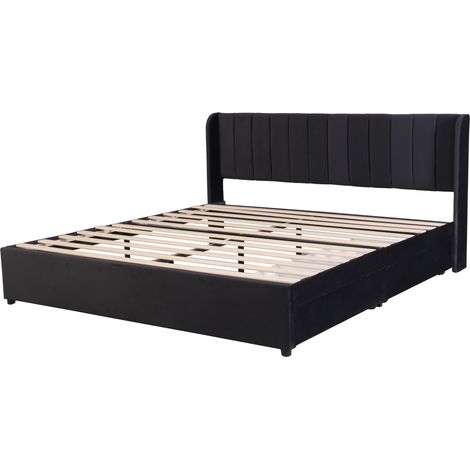 Cama capitoné 180 x 200 cm de terciopelo negro con somier, cabecero y 2 cajones (1/5)