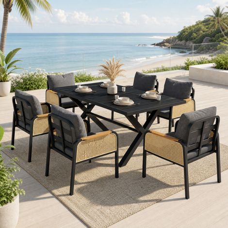 Set tavolo e sedie da giardino 6 posti, 148 x 80 x 75 cm, metallo e rattan nero HAVRYA (1/5)