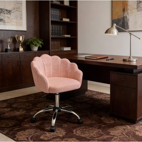 Silla de oficina, diseño flor de pétalos, altura ajustable, base metálica con ruedas, tela de cachemira sintética rosa (1/4)