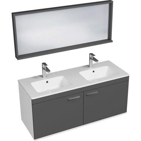 RUBITE Meuble salle de bain double vasque 2 portes gris anthracite largeur 120 cm + miroir cadre (1/5)