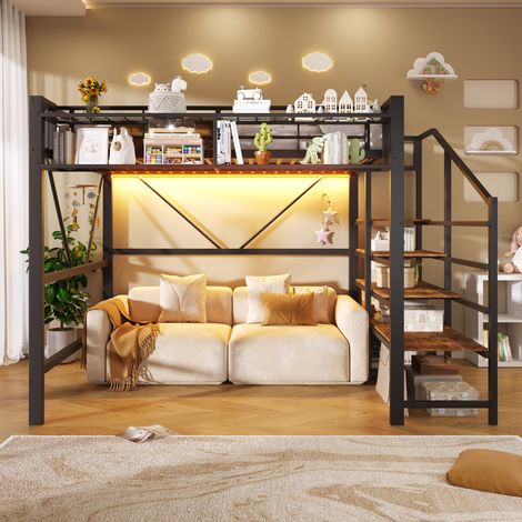 Letto a soppalco moderno 140x200 cm in metallo e MDF nero, con scala a ripiani, griglie portaoggetti e LED (1/5)