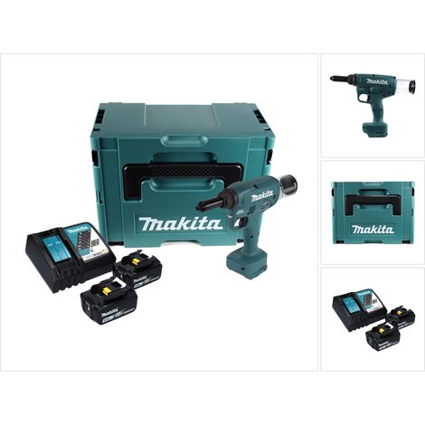 Remachadora a batería Makita DRV 250 RTJ de 18 V, 20 kN, sin escobillas + 2 baterías de 5,0 Ah + cargador + Makpac