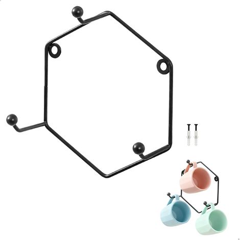 Support Tasse a Cafe Suspendu, Porte Tasse Suspendue, Métal Porte-Tasses avec 3 Crochets Support Tasse avec Vis Rangement Tasse pour Café et Barre, 1 Pièce, Noir (1/5)