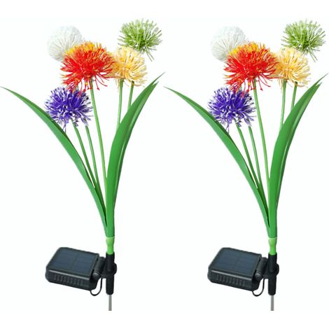 Lot de 2 lampes solaires gazon 5 têtes pissenlit déco jardin étanche IP44 extérieur pour allée cour terrasse pelouse (1/3)