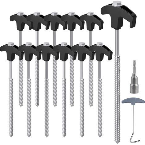 12PCS Piquets de Tente en Acier avec Foreur & Arrache Clou, 25 cm Sardines de Fixation Sardines Camping Crochets de Tente pour Surface Dure, Gazon Noir + Argent (1/5)