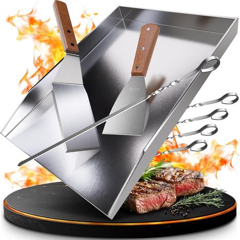 Plaque de cuisson - Plancha en acier inoxydable épais - 40 x 30 cm - Convient pour barbecue à gaz et barbecue à charbon - Plus : brosse et spatule (1/5)