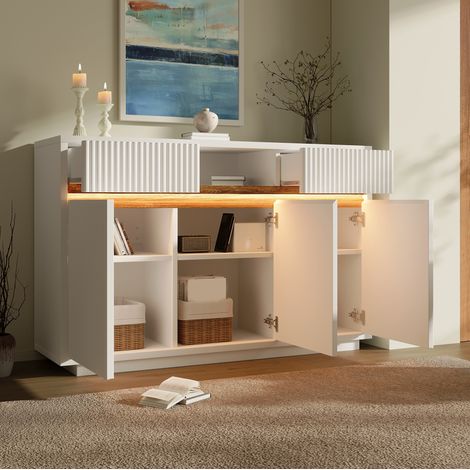 Buffet 140x40x85 cm blanc en bois avec LED, 2 tiroirs, 3 portes et étagères réglables (1/5)