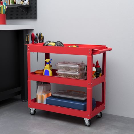 Carro de herramientas DURHAND de 3 niveles, 4 ruedas, acero, 83 cm de ancho x 35,3 cm de profundidad x 76 cm de alto, rojo